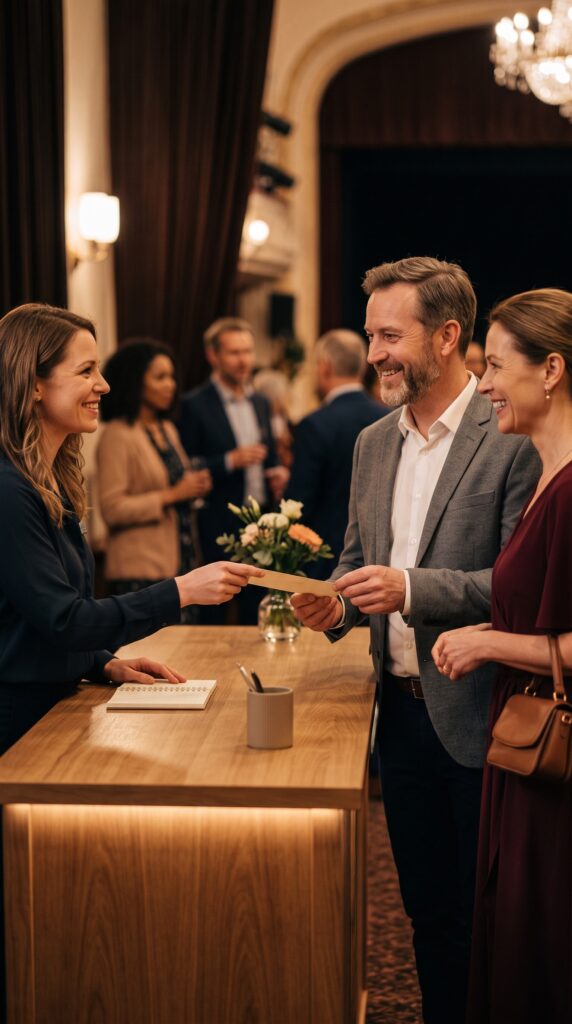 Une personne à l'accueil remet leurs billets à deux spectateurs souriants, dans le hall d'un théâtre.